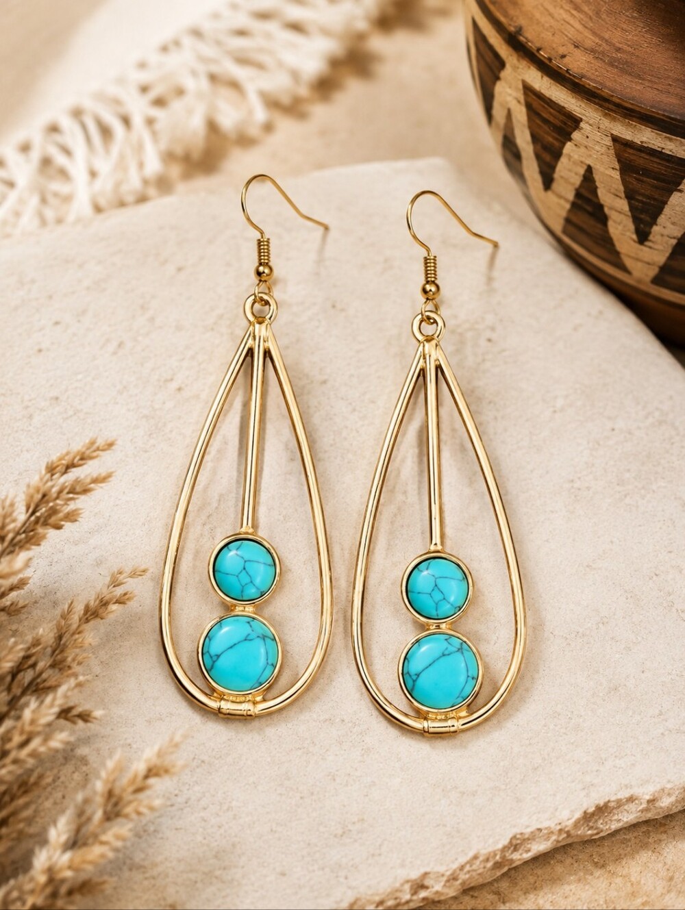 🕯Turquoise Gold Tone Teardrop Dangle Earrings Boho Western Statement